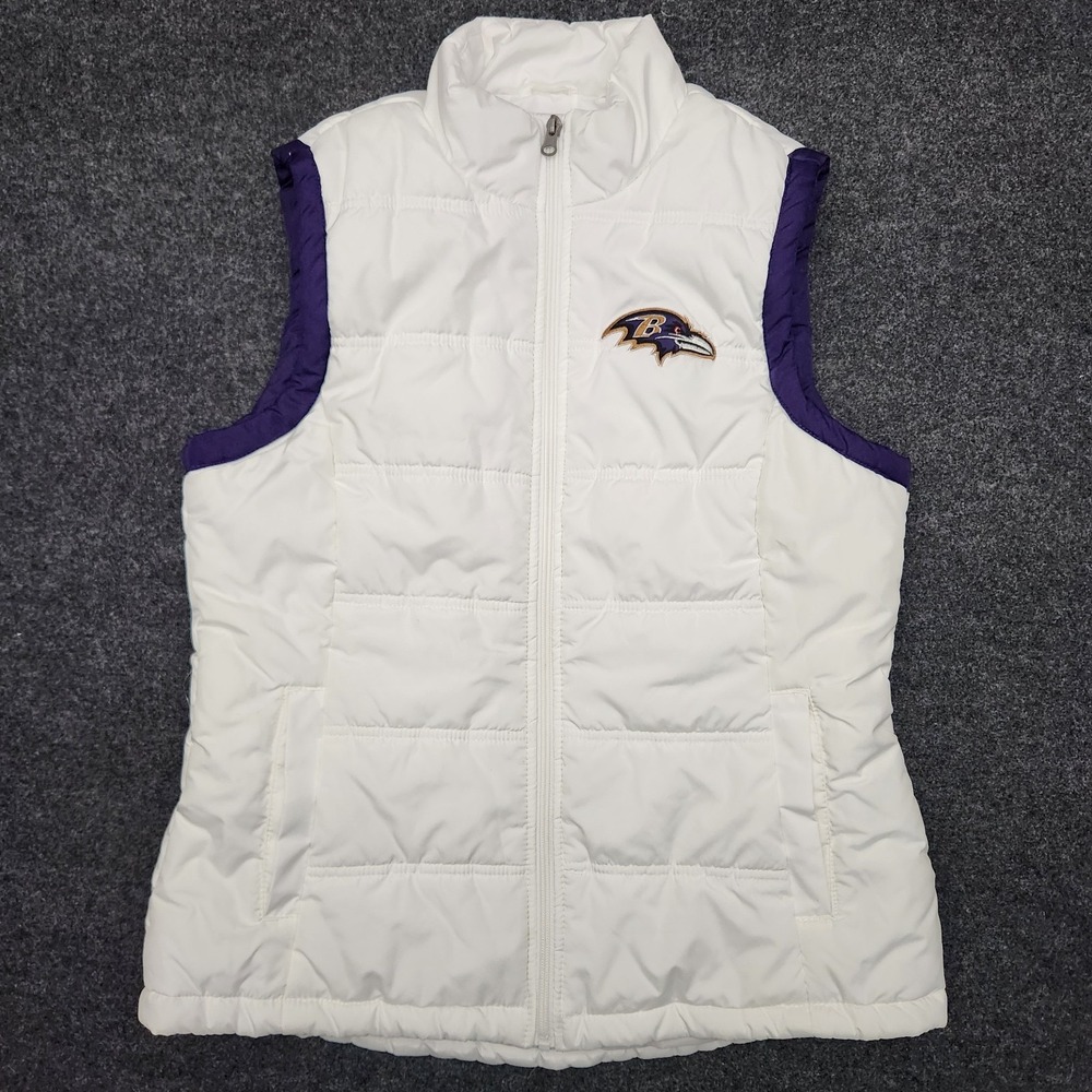 Baltimore Ravens Womens Large White Embroidered Purple Trim Puffer Vest NFL